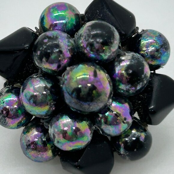 Vintage Japan Black Iridescent Bead Necklace Clip-On Earrings Set Elegant READ - Picture 12 of 14